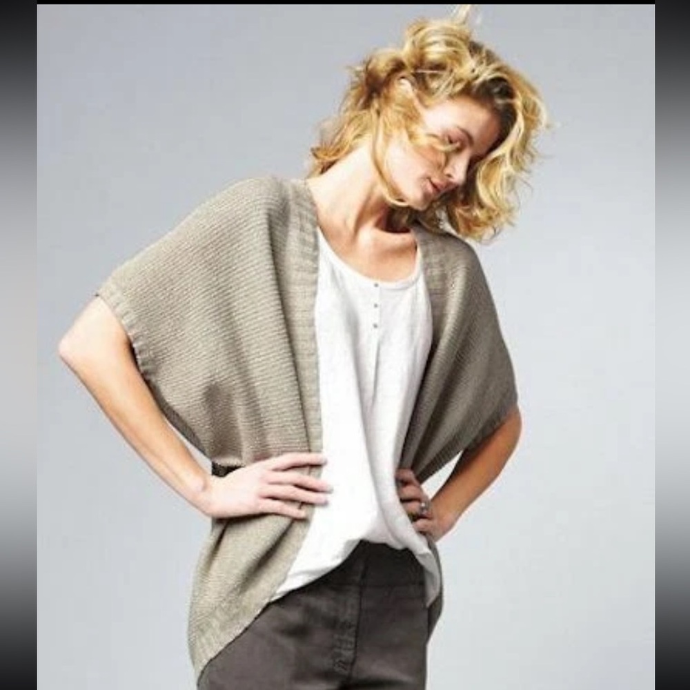 Eileen Fisher Tan Short Sleeve Open Cardigan Sweater Long Round  Hem Shrug -Sz M